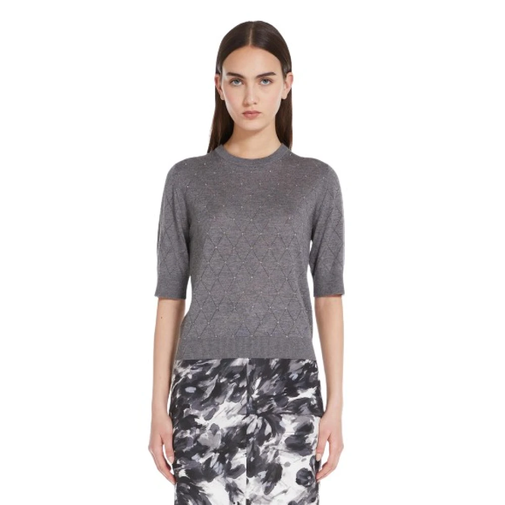 Max Mara Rhinestone Argyle Wol Zijde Trui Gray Dames