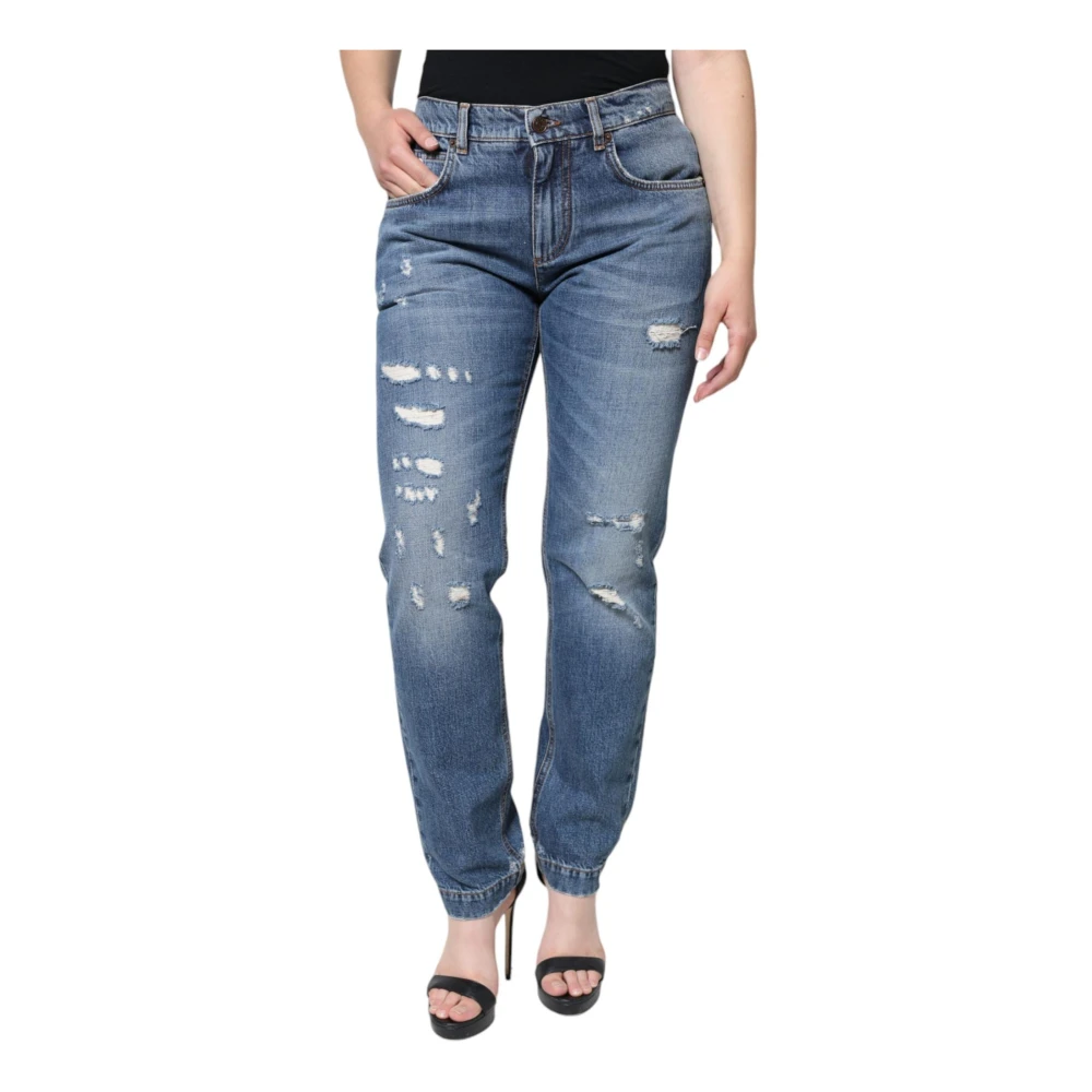 Dolce & Gabbana Women's Blue Boot-Cut Jeans,, Tattered Boyfriend Denim Jeans Zipper Closure Small