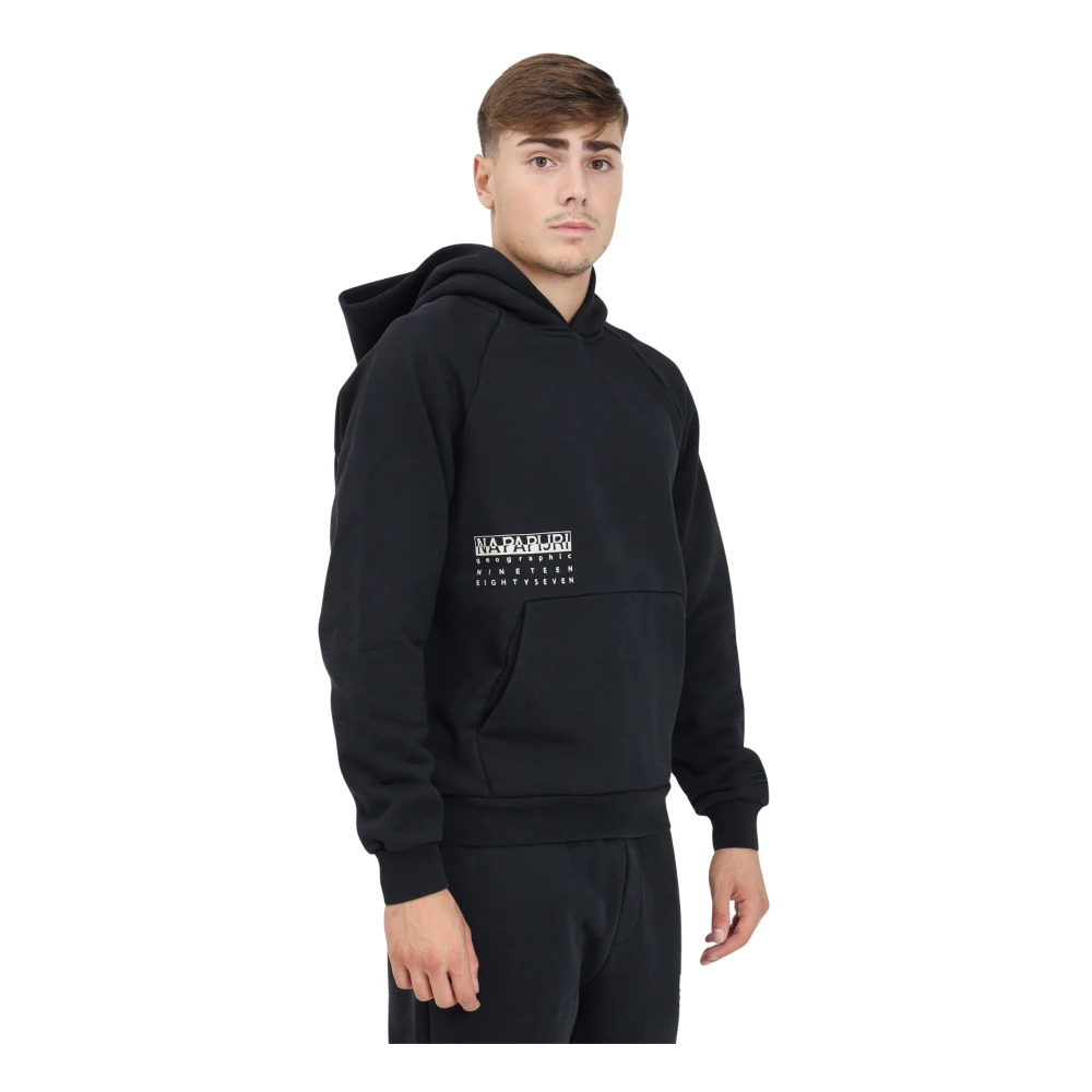 Napapijri Zwarte Hoodie Premium Geografische Grafische Trui Black Heren