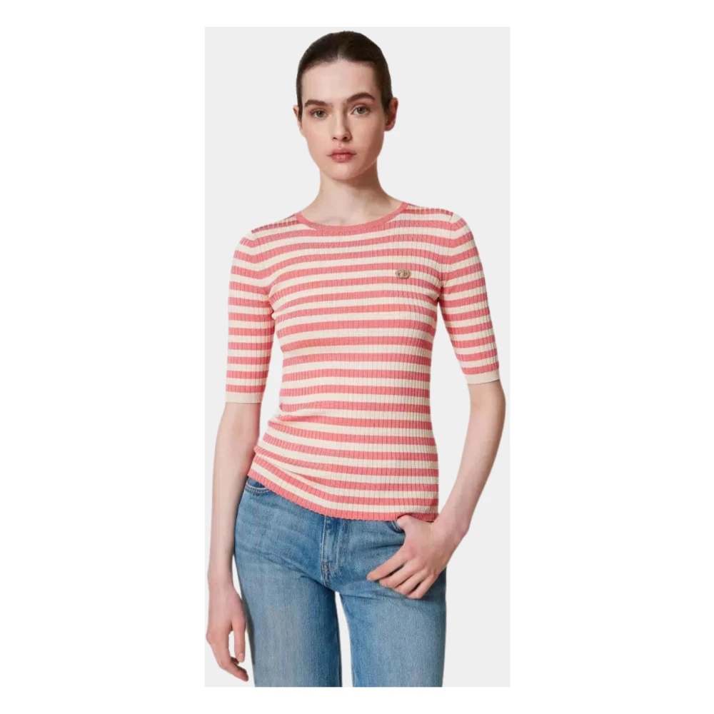 Twinset Gestreepte aansluitende top met metalen broche Pink Dames