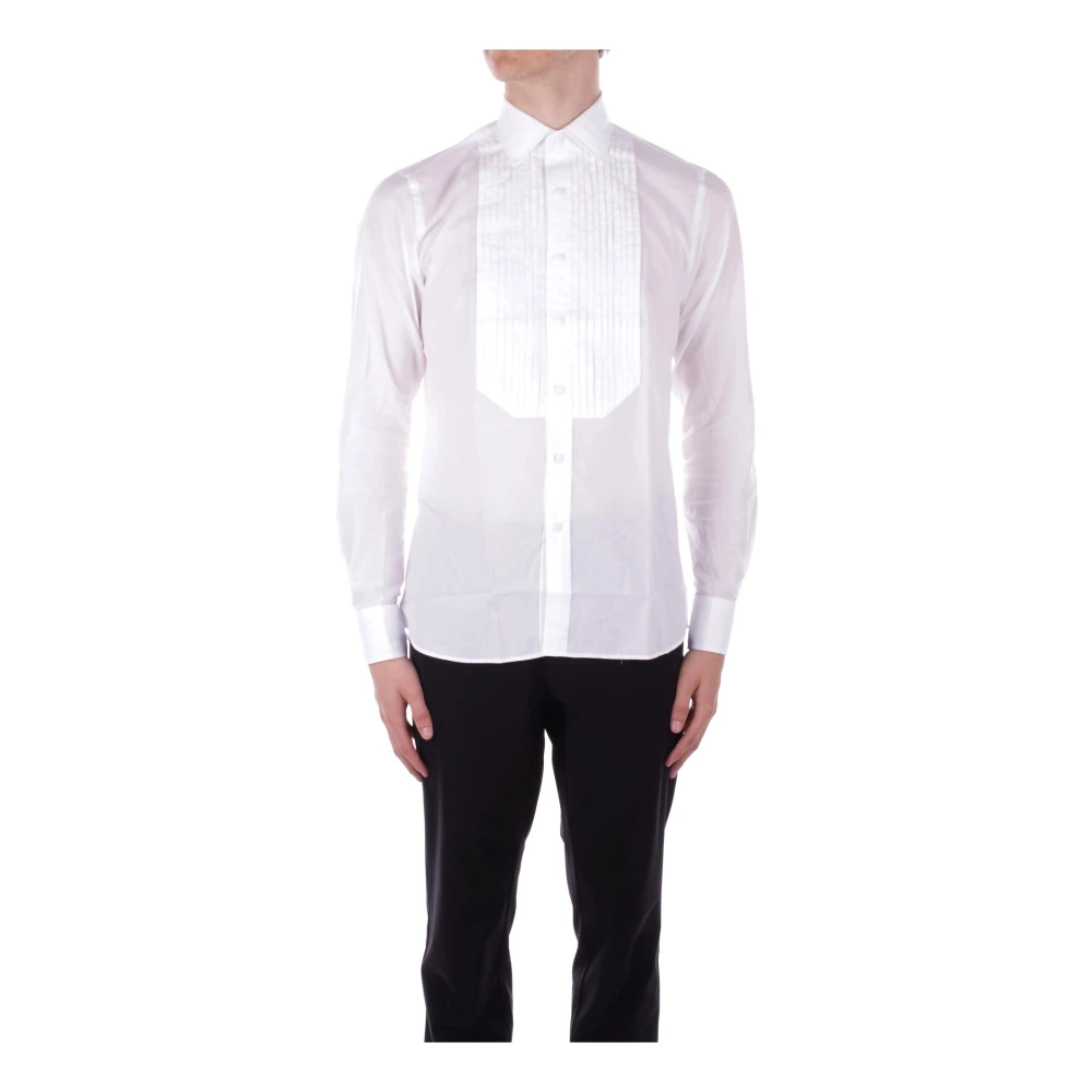 Tagliatore Witte Overhemd met Knoopsluiting en Geplooide Details White Heren