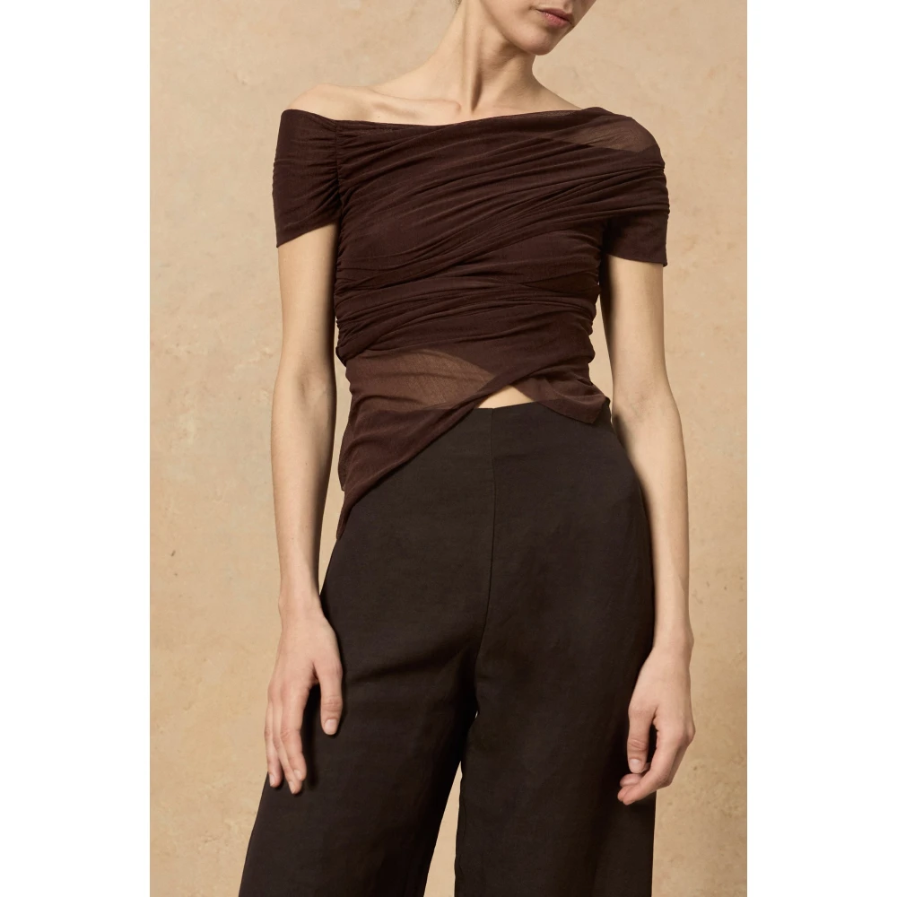 Cortana Hoge taille linnen en viscose broek Brown Dames