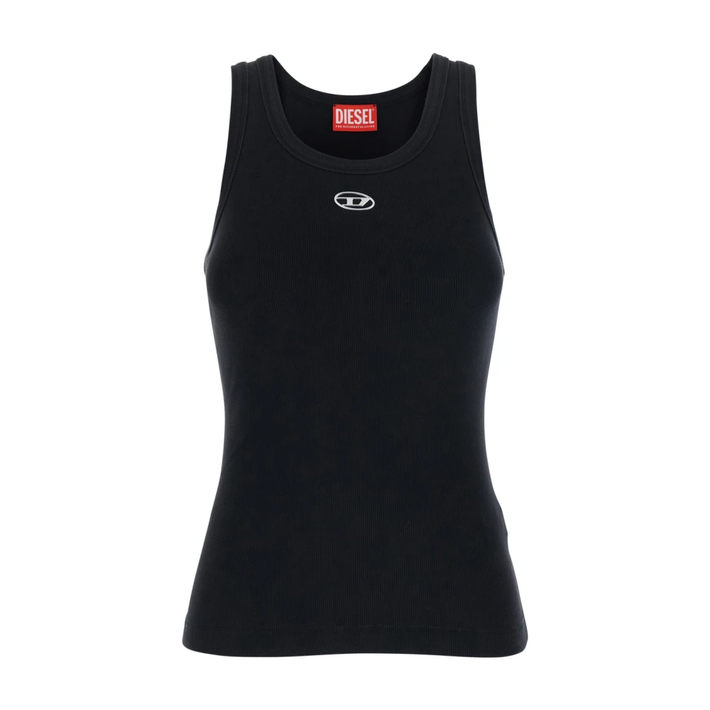 Diesel Women's Black Sleeveless Tops, S, Slim Ribbed Tank Top With Metallic Oval D