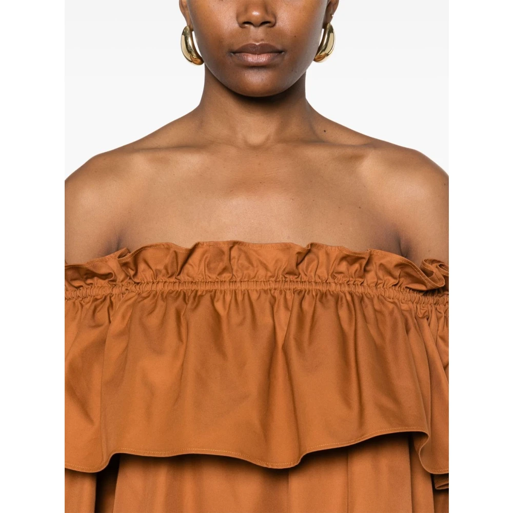 Saint Laurent Bruine Off-Shoulder Jurk met Zakken Brown Dames