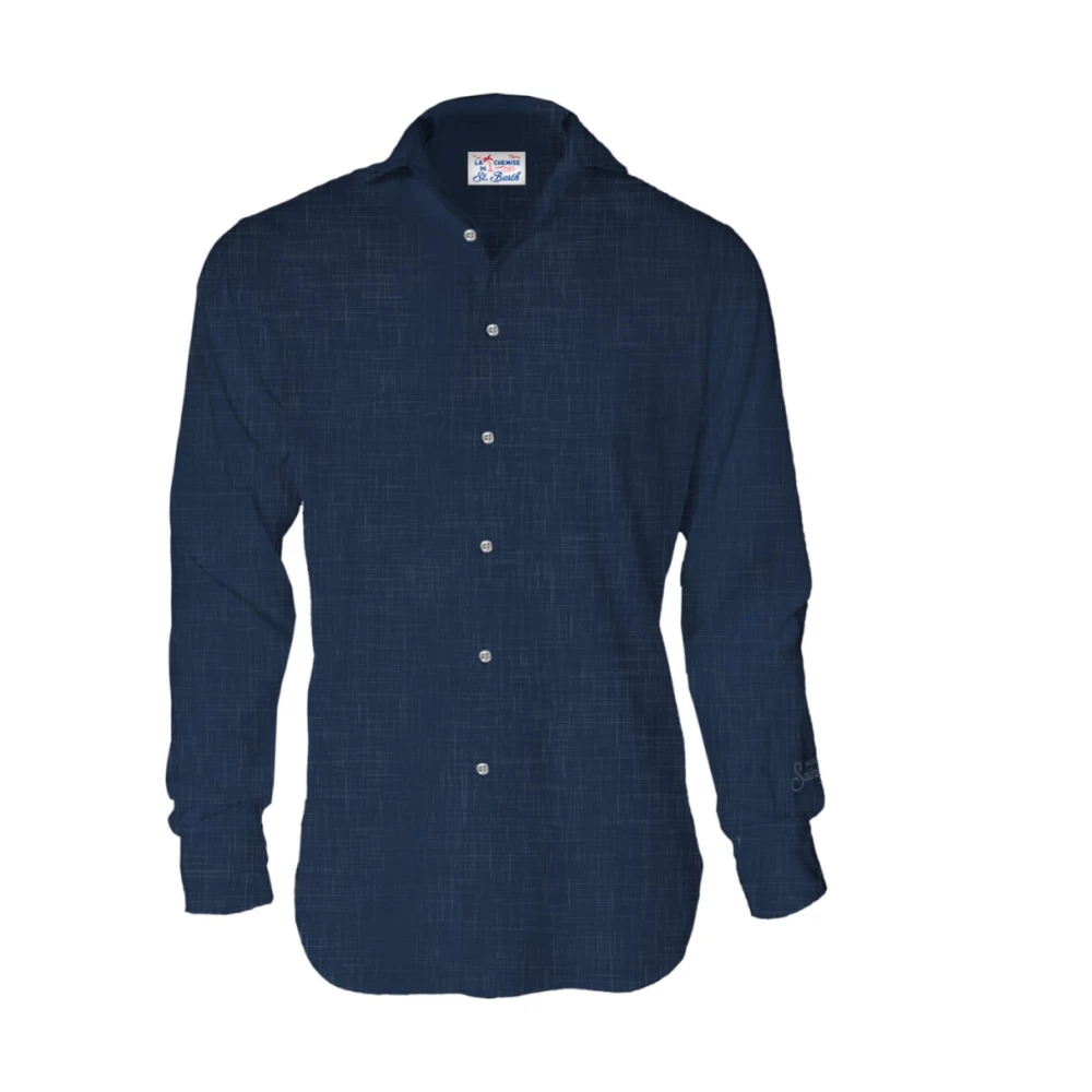 Mc2 Saint Barth Men's Blue Linen Shirt With French Collar