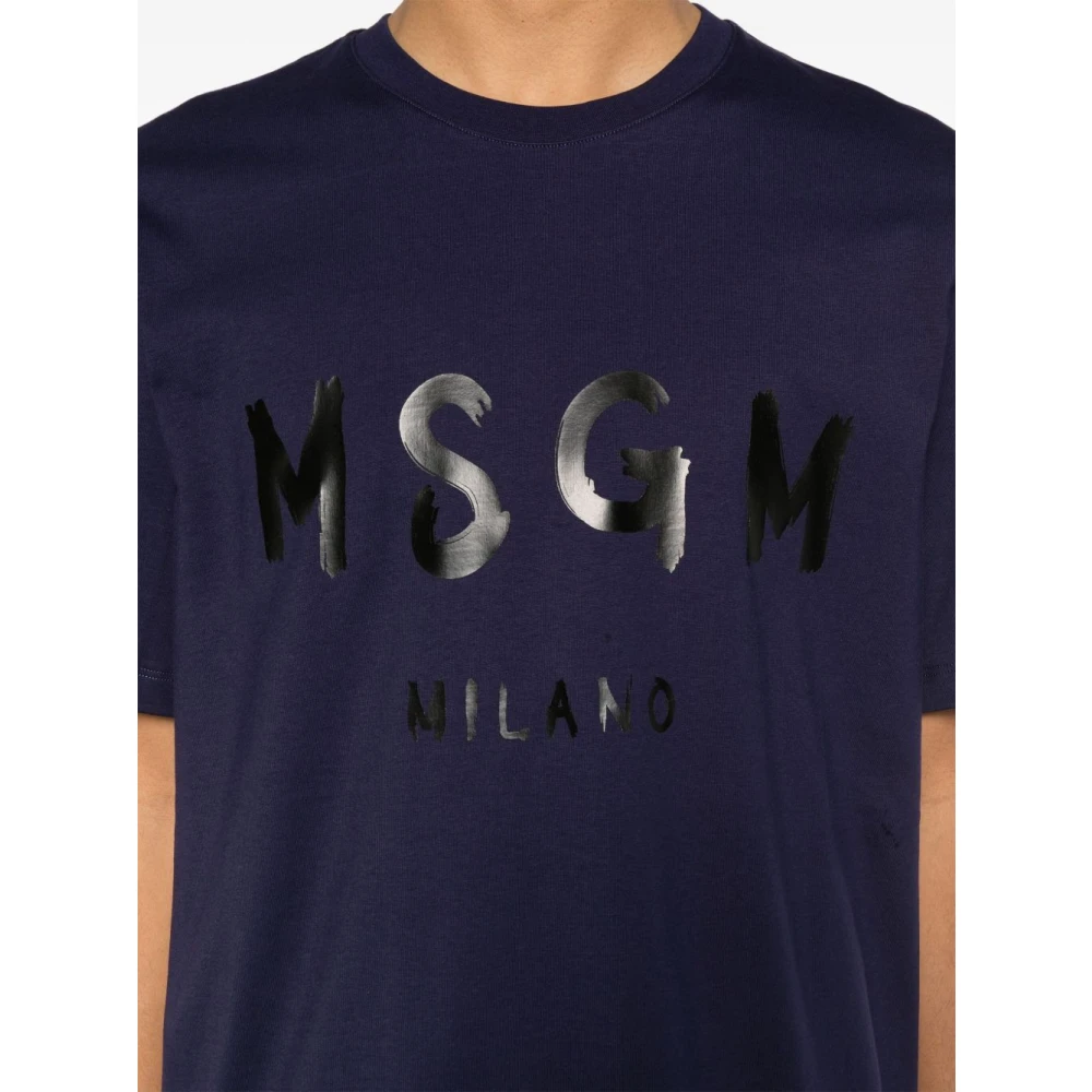 Msgm Blauw Katoenen T-shirt met Logoprint Blue Heren