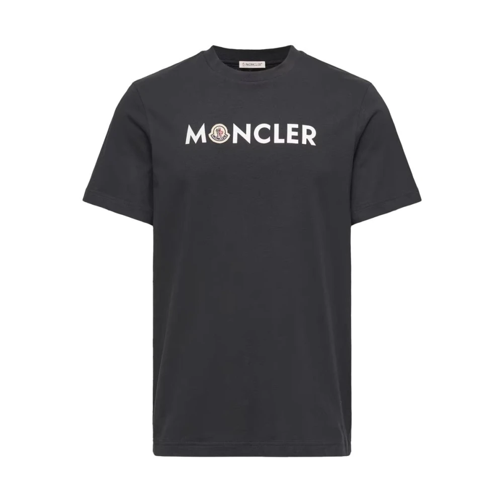 Moncler Blue T-Shirts, Male, L, Text Logo Cotton T-Shirt
