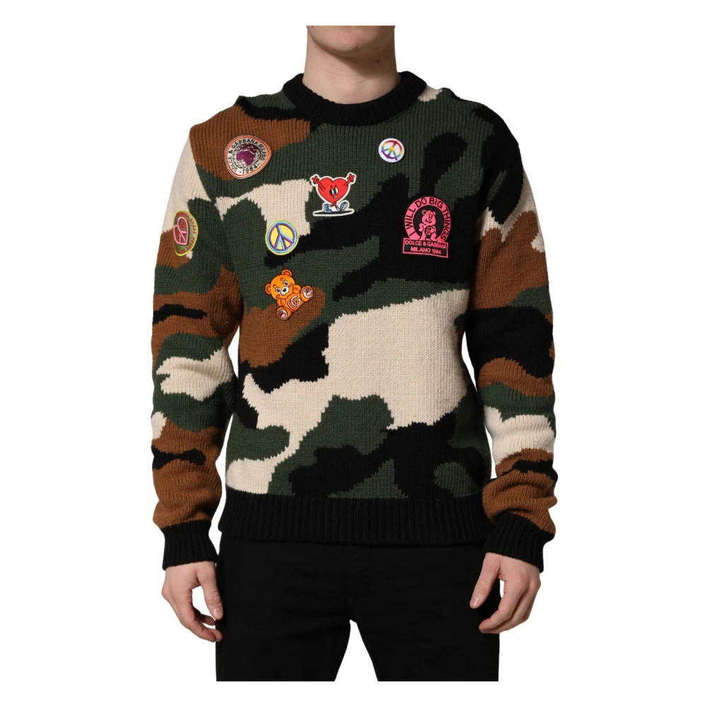 Dolce & Gabbana Men's Multicolor Intarsia Knit Camouflage Pullover Jumper - Round-Neck Knitwear - S - Knitwear