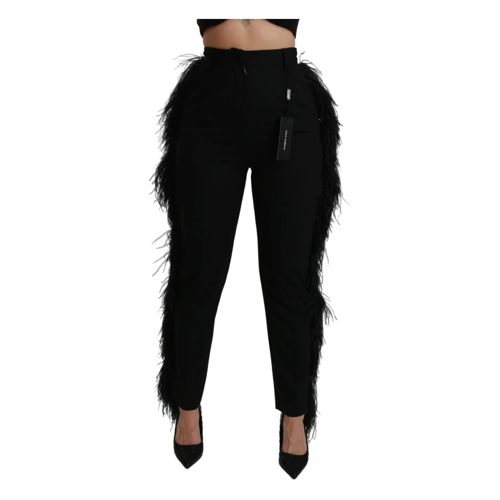 Dolce & Gabbana , Slim-Fit Trousers, Female, Black, S, Luxury Black Feathered High Waist Trousers