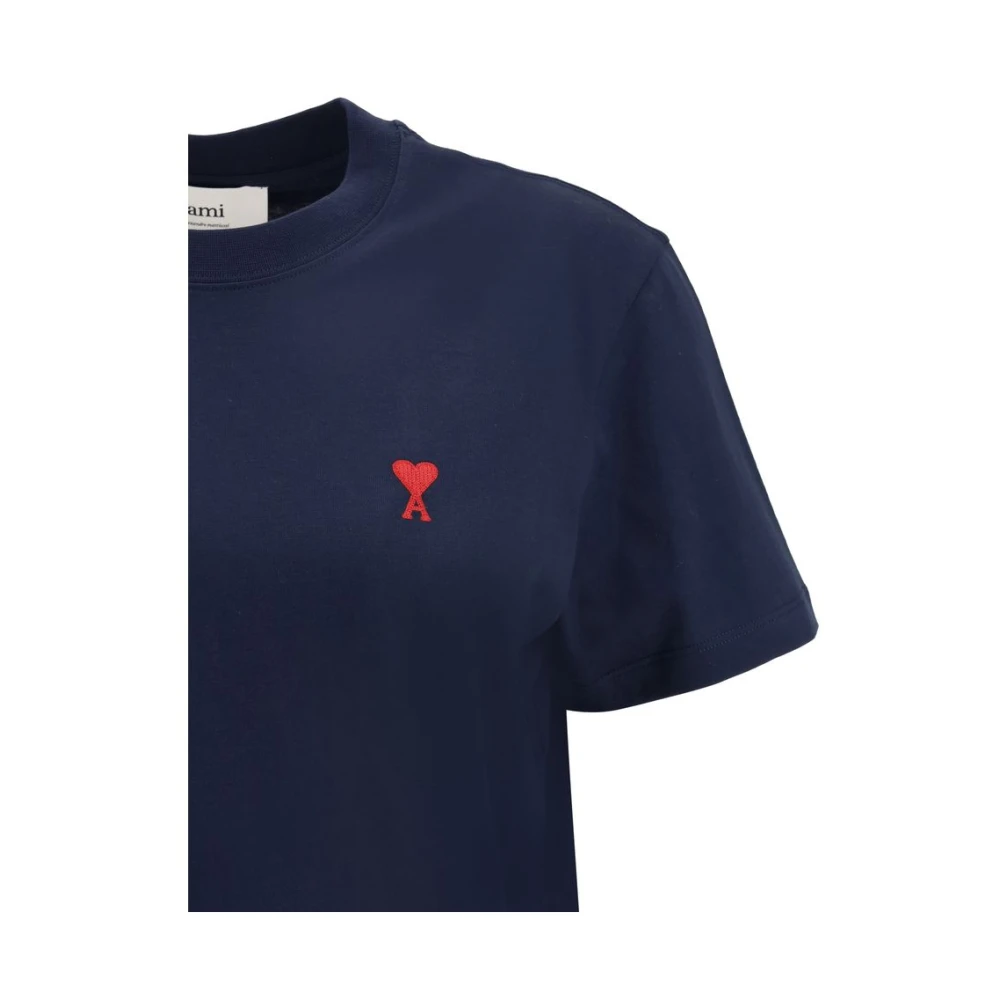 Ami Paris Iconisch Logo T-shirt met Geribbelde Ronde Hals Blue Dames