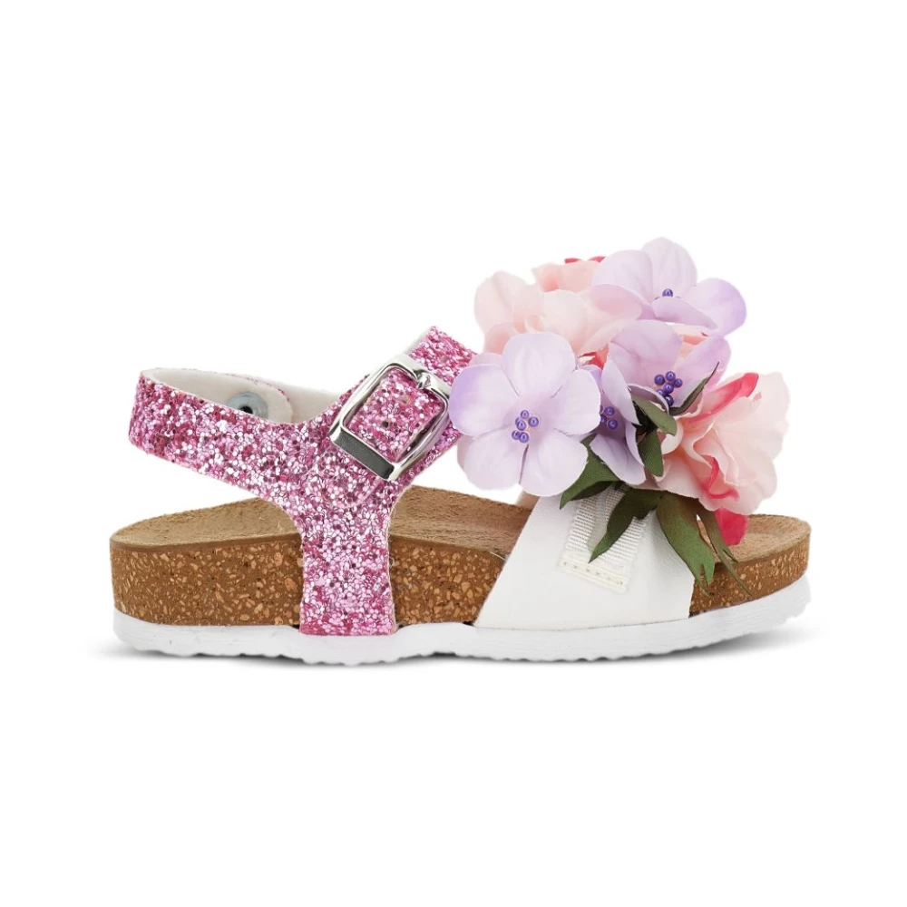 Monnalisa Unisex Kids Pink Kids Sandals, 35 Eu, Floral-Appliqué Glitter Sandals