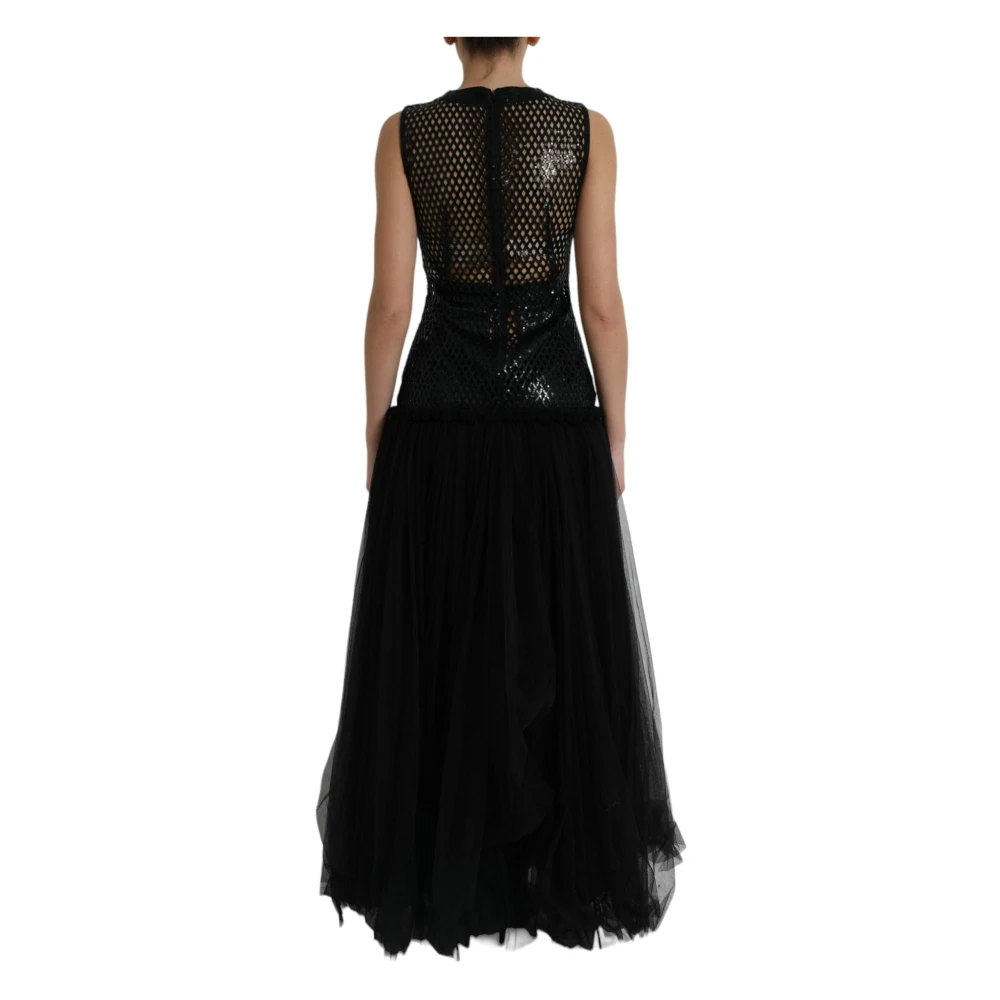 Dolce & Gabbana Zwart Paillet Avondjurk met Mesh Bovenlijf Black Dames
