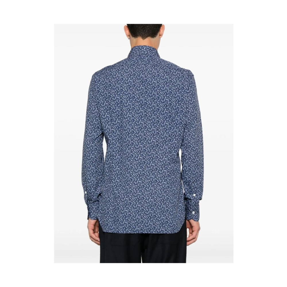 Barba Blauw Bloemenprint Katoenen Overhemd Blue Heren