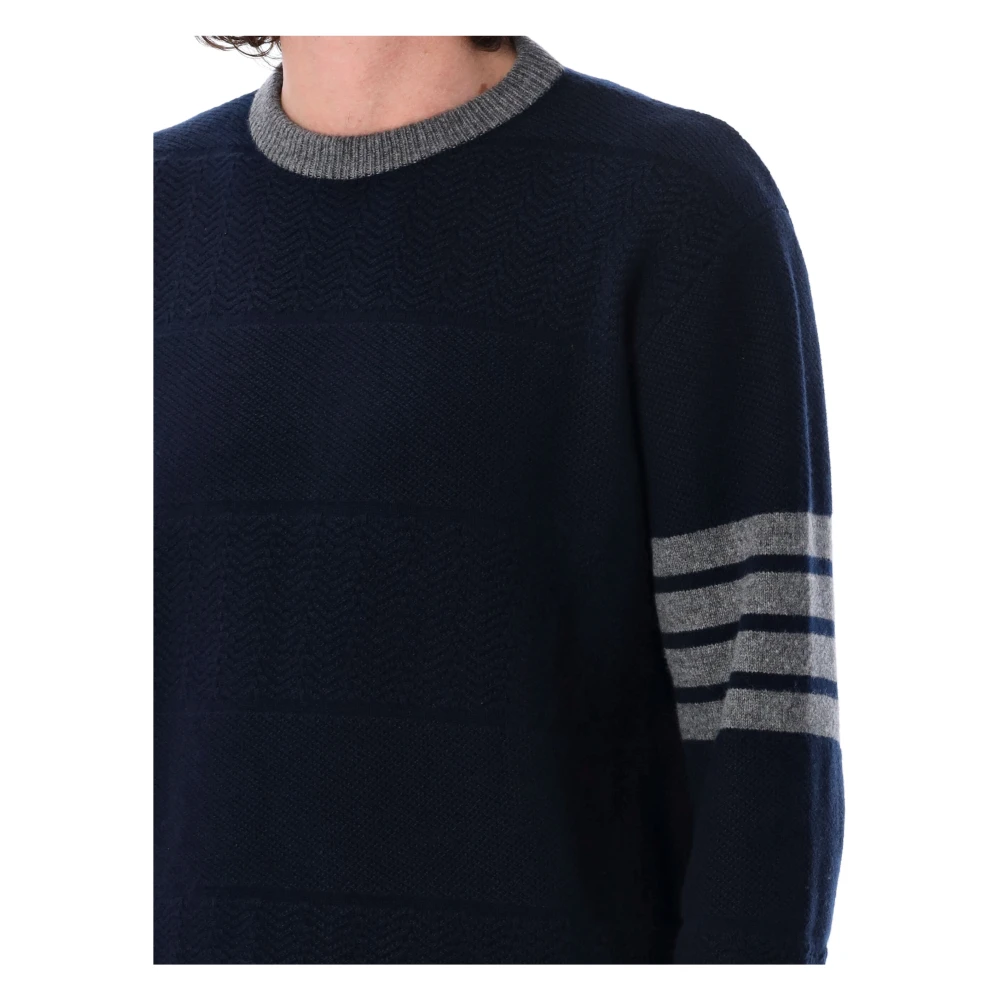 Thom Browne Navy Gestreepte Crew Neck Sweater met Textuur Blue Heren