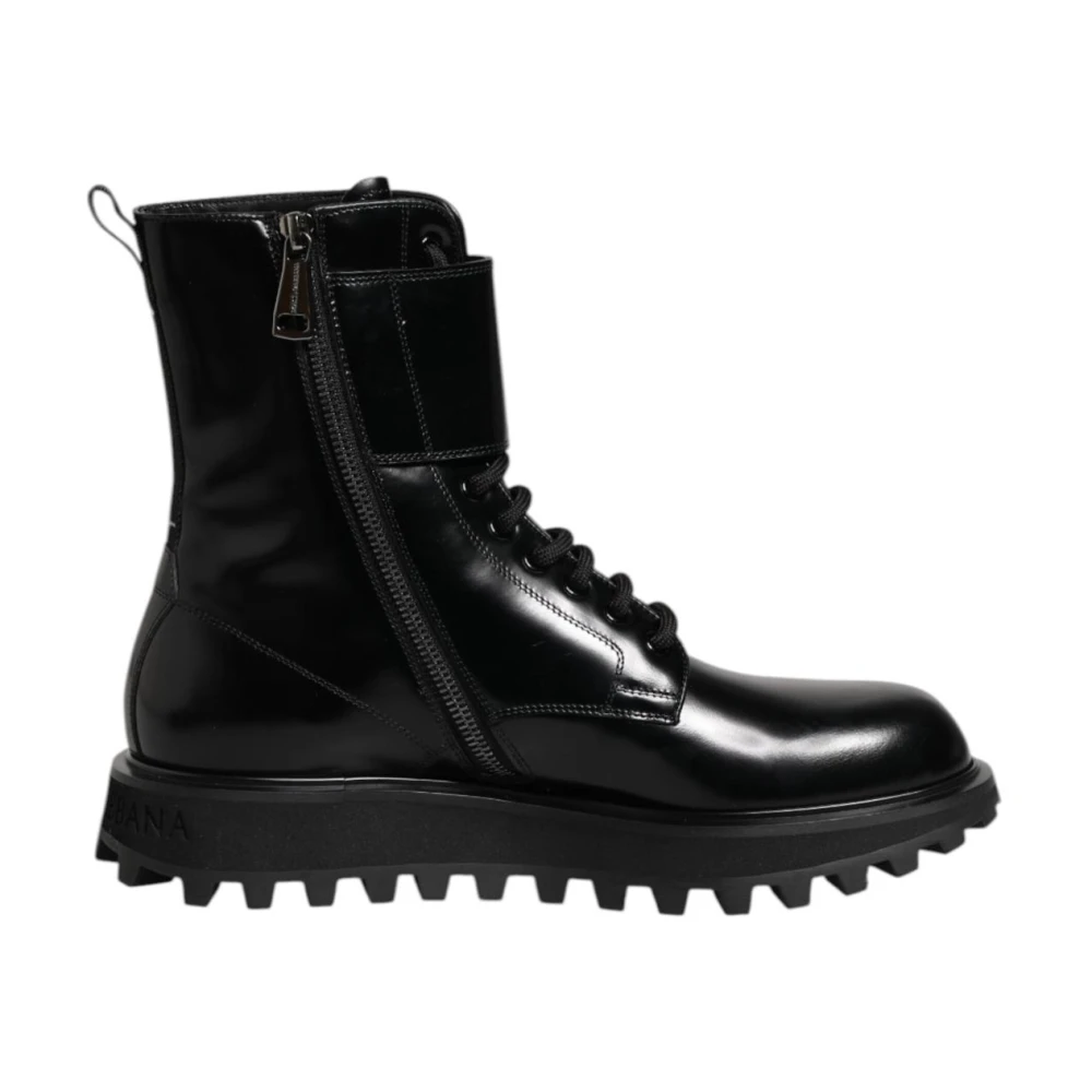 Dolce & Gabbana Men's Black Leather Lace-Up Mid Calf Boots With Leather Outer Sole