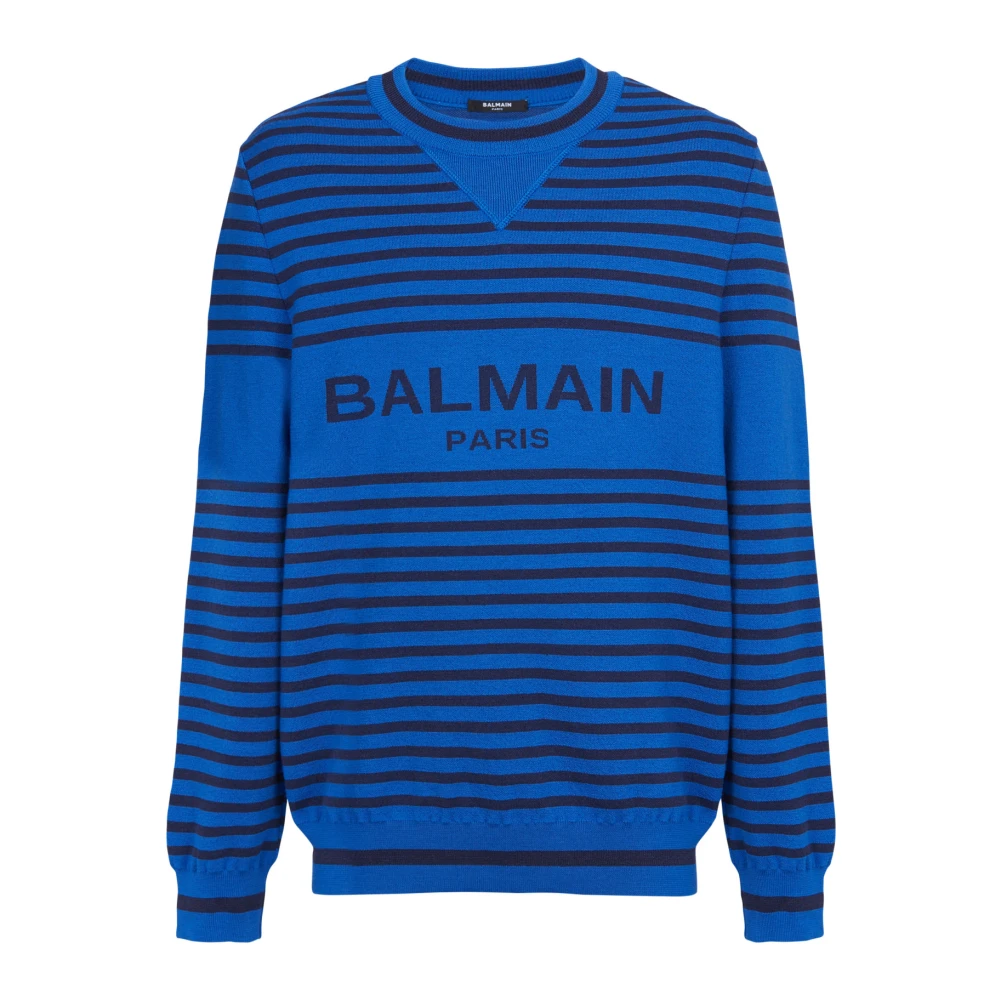 Balmain Gestreepte wollen en linnen crewneck Blue Heren