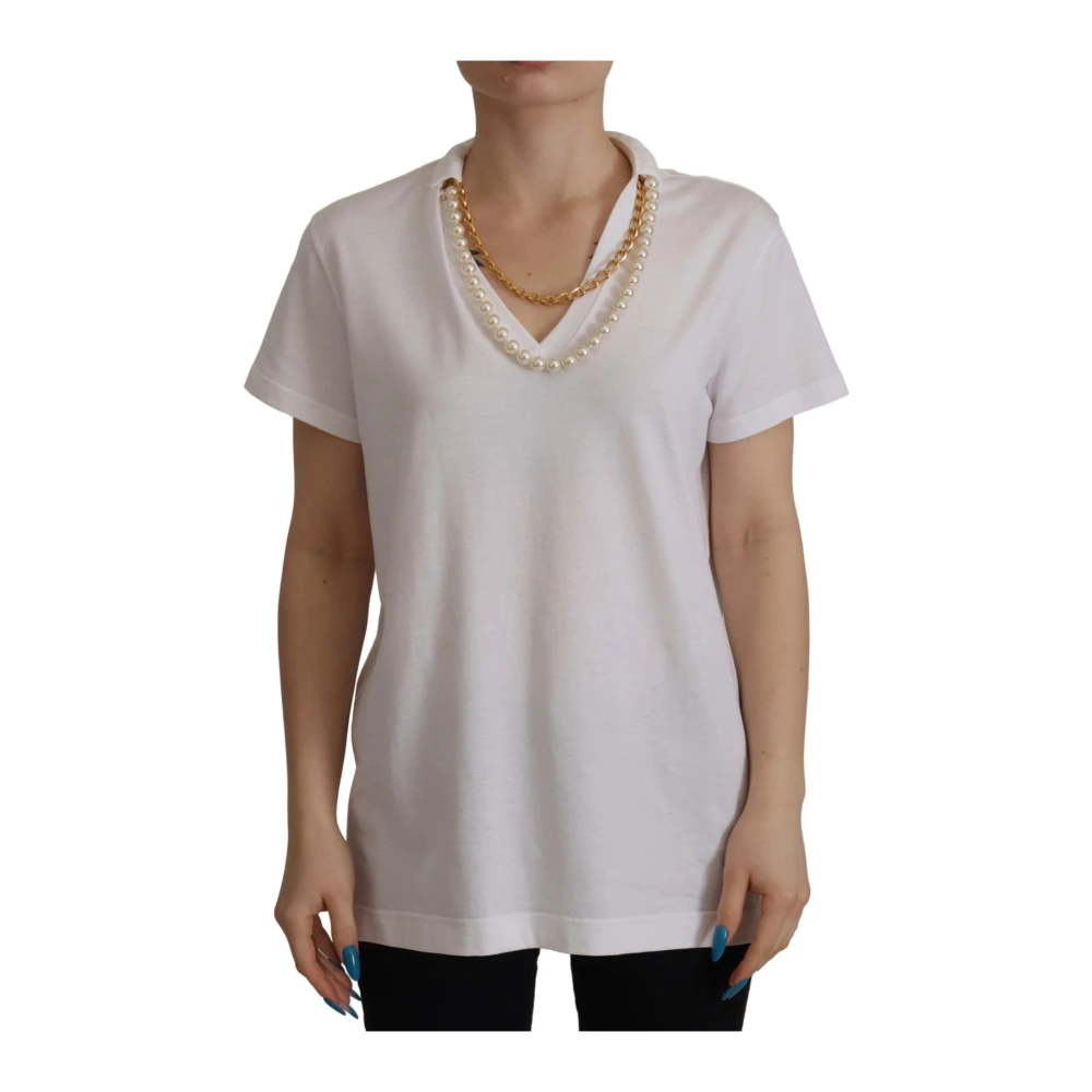 Dolce & Gabbana Women's White Logo Embellished V-Neckline T-Shirt