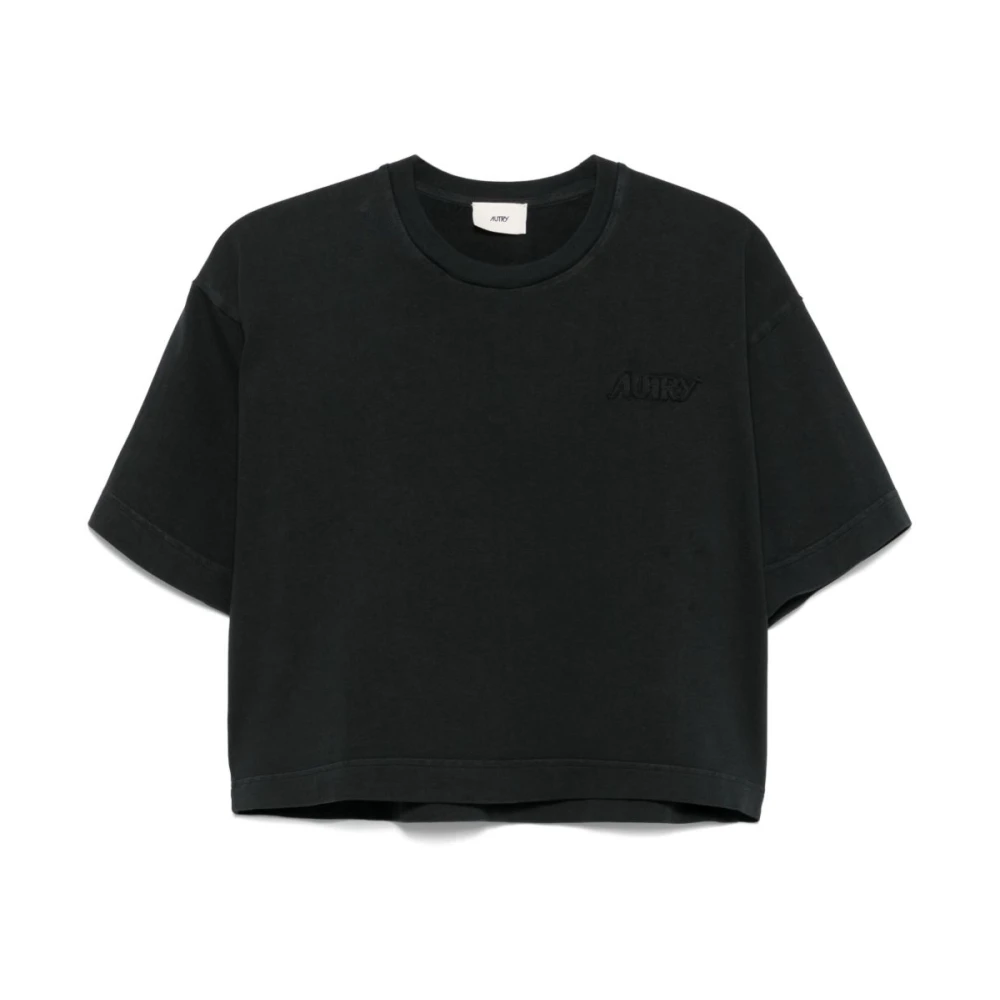 Autry T-shirt met logo-borduurwerk en ronde hals Black Dames