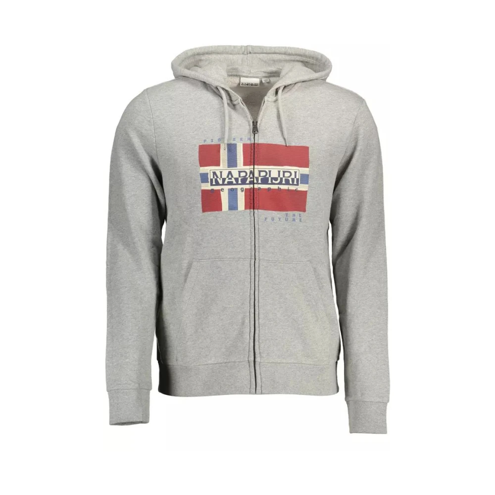 Napapijri Men's Gray Hooded Sweatshirt With Zip Pocket