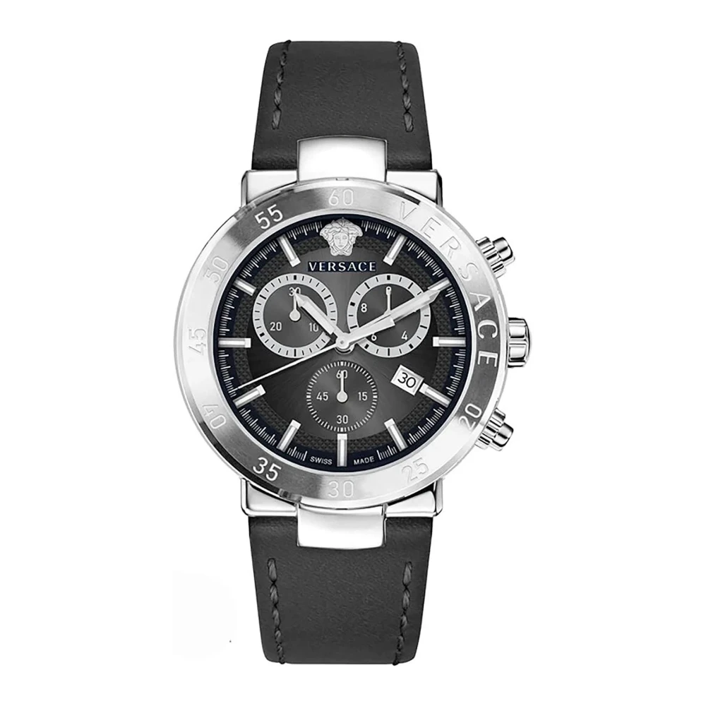 Versace Men's Black Watches, One Size, Chronograph Leather Strap Quartz Watch With Date