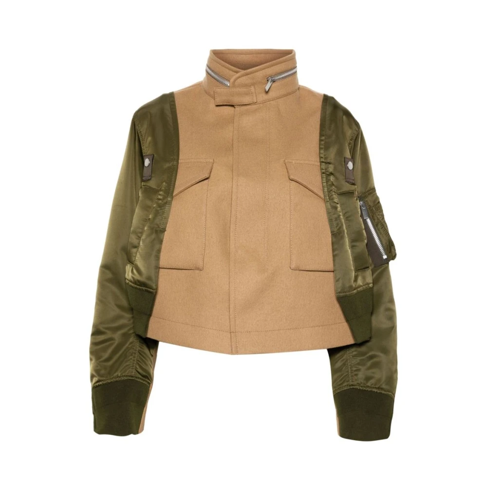 Sacai Groene Wol Staande Kraag Jas Brown Dames