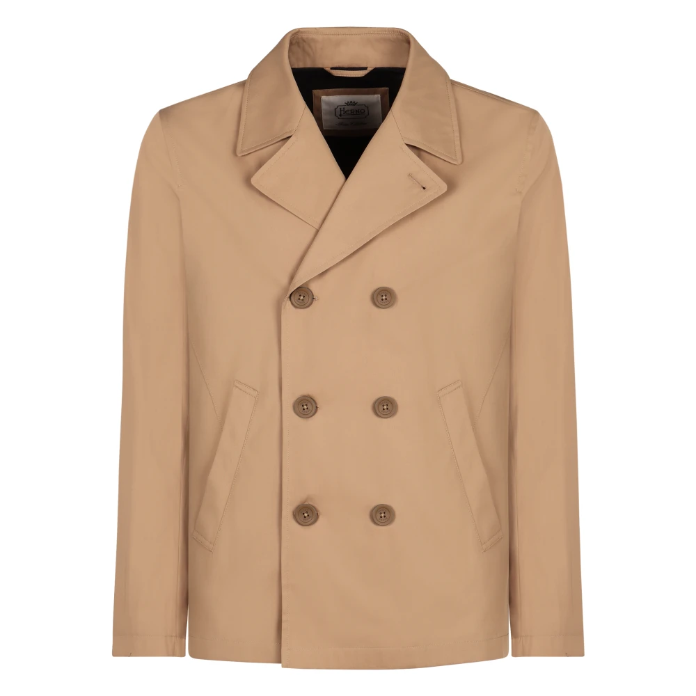 Herno Men's Beige Double-Breasted Coats, S, Cotton Peacoat Lapel Collar Two Side Pockets