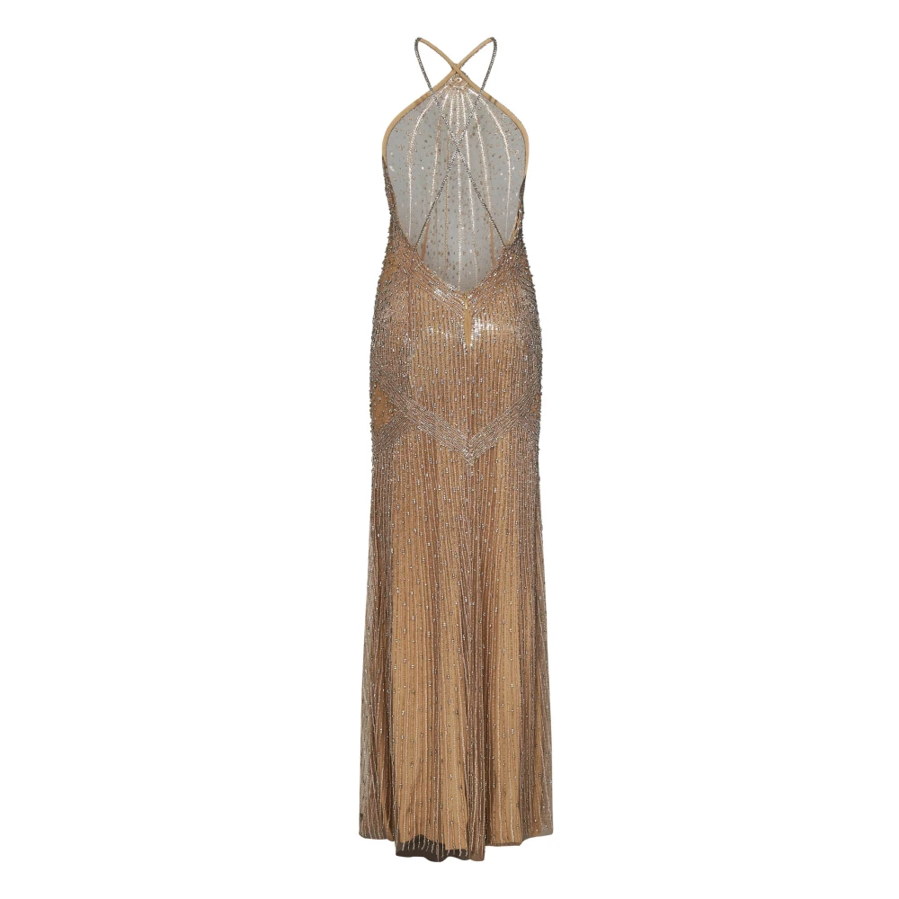 Amen Kristal Geborduurde Maxi Tule Jurk Beige Dames