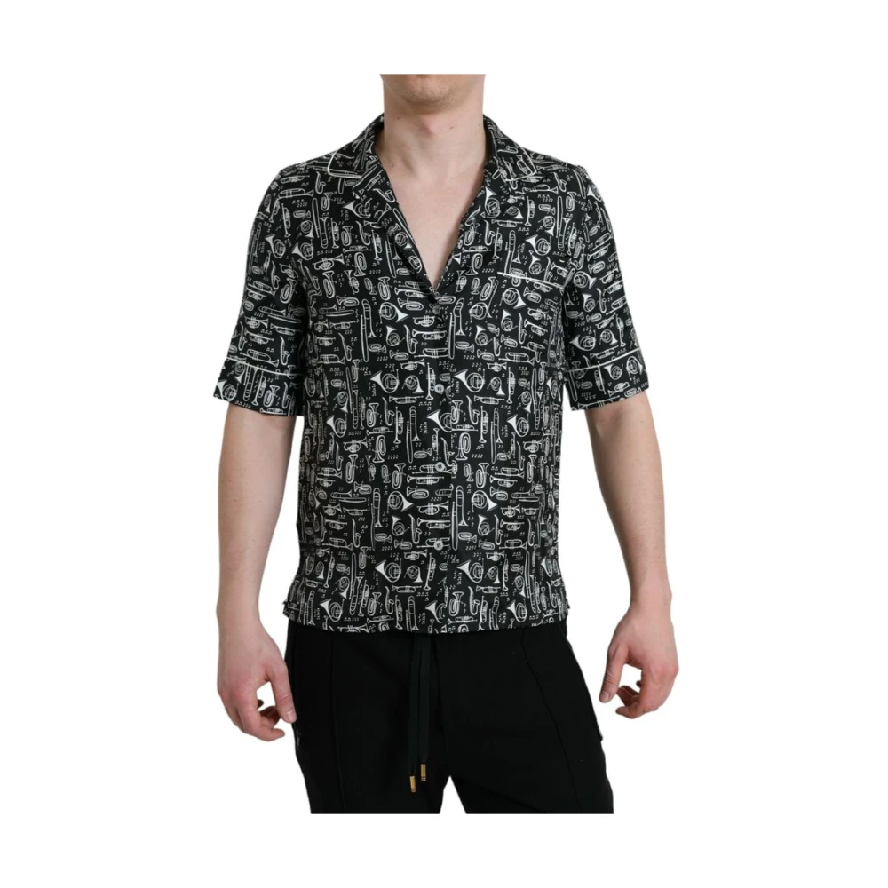 Dolce & Gabbana , Short Sleeve Shirts, Male, Black, L, Trumpet-Print Silk Polo
