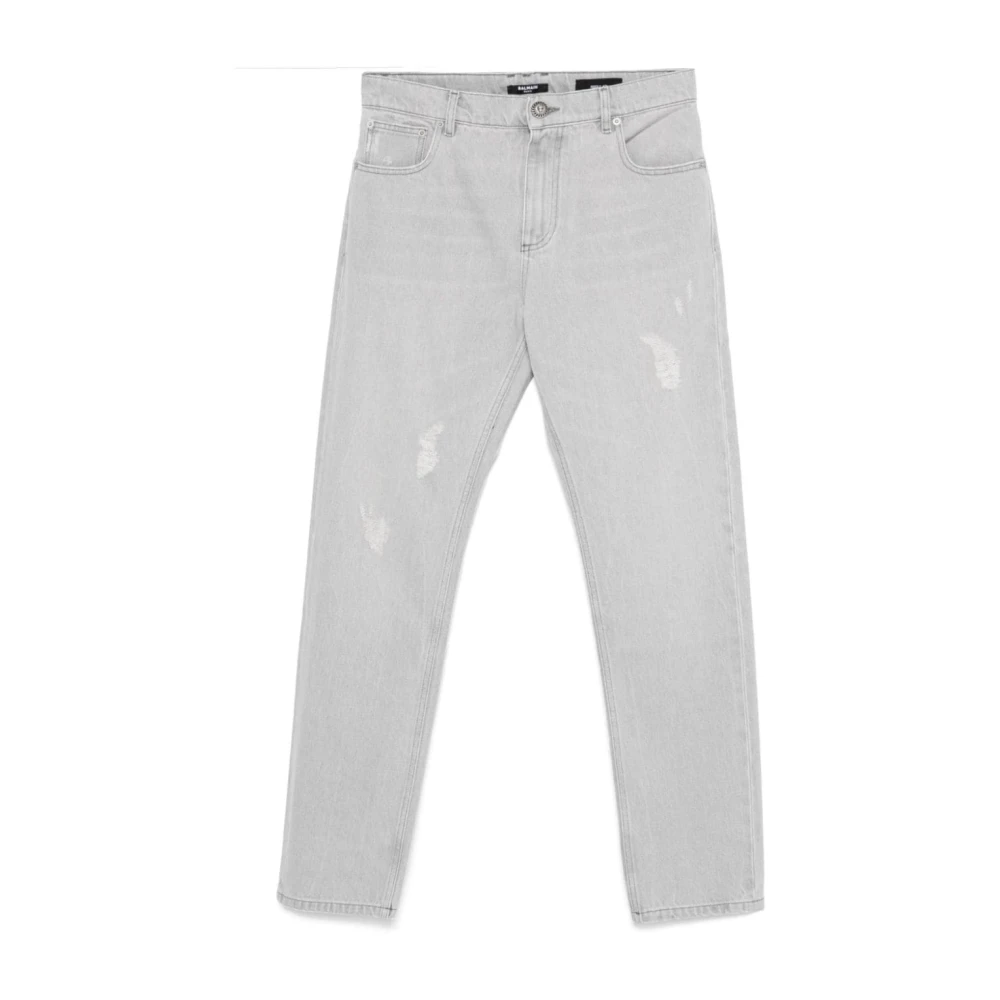 Balmain Grijze Distressed Denim Jeans Gray Heren