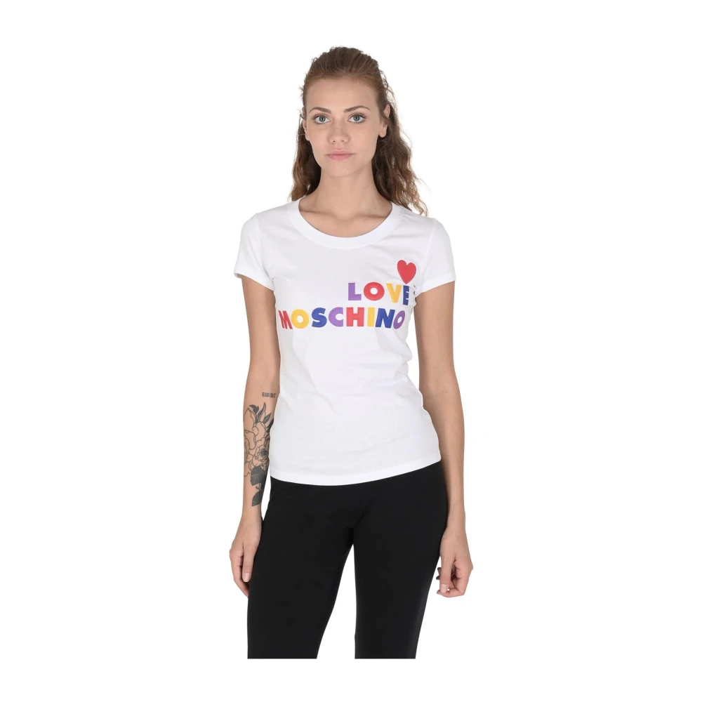 Love Moschino Women's White Rainbow Logo Tee Stylish Cotton T-Shirt
