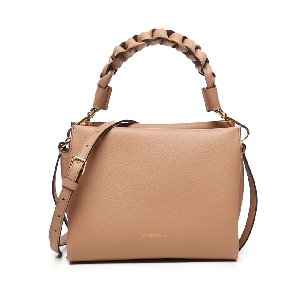 Coccinelle Gevlochten Handvat Leren Schoudertas Perzik Beige Dames