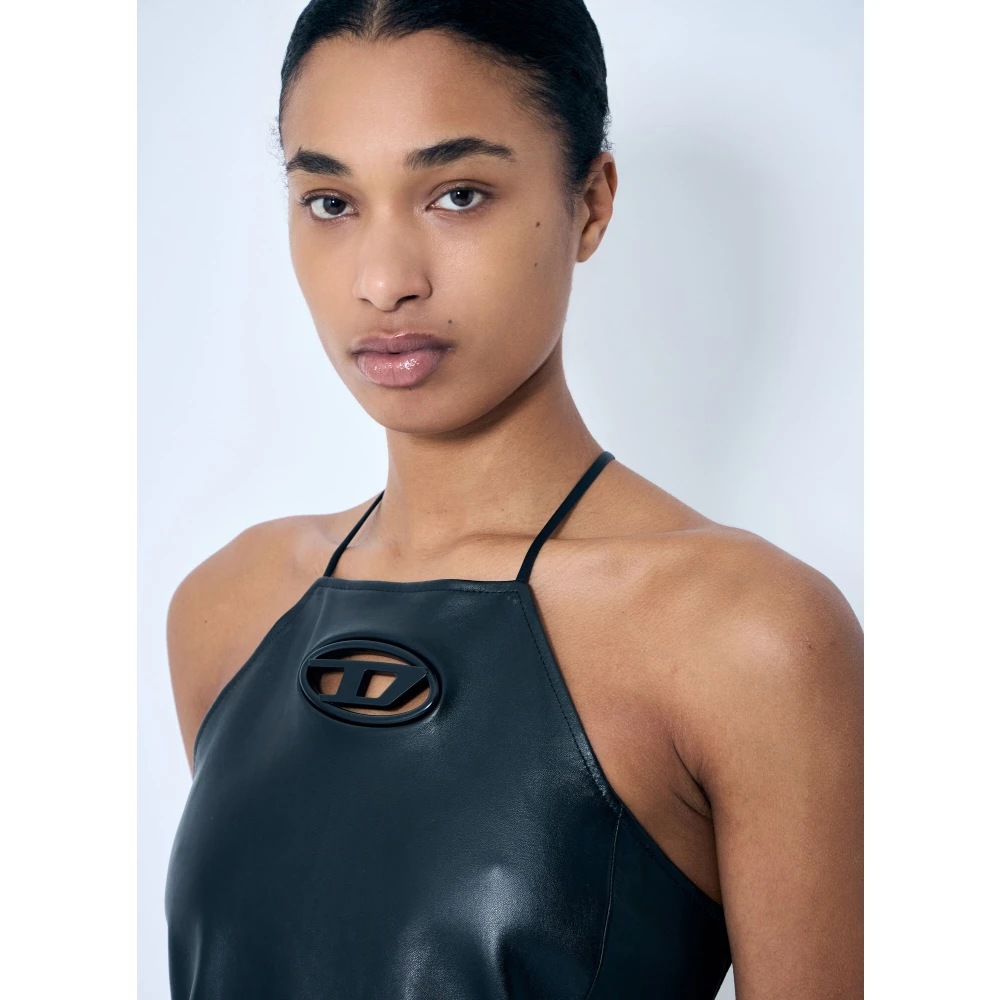 Diesel Leren Halternek Top met Logo Plaque Black Dames