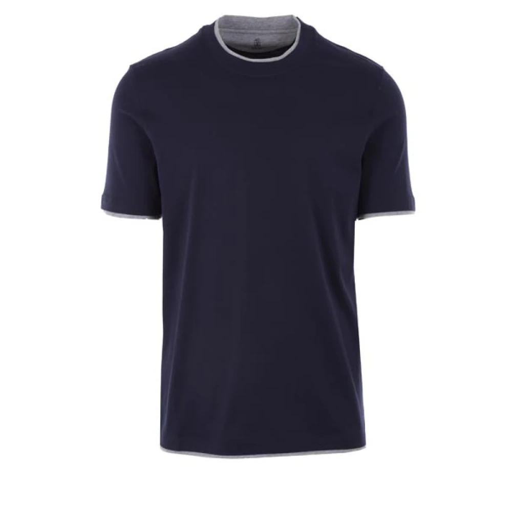 BRUNELLO CUCINELLI Blauw Katoenen T-shirt met Unieke Grijze Rand Blue Heren