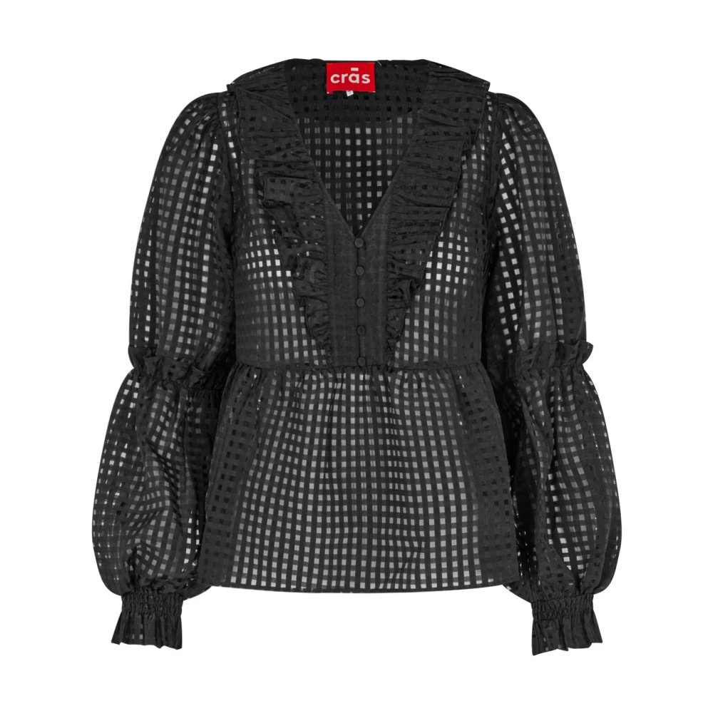 Cras Zwarte doorschijnende blouse met ruches Black Dames
