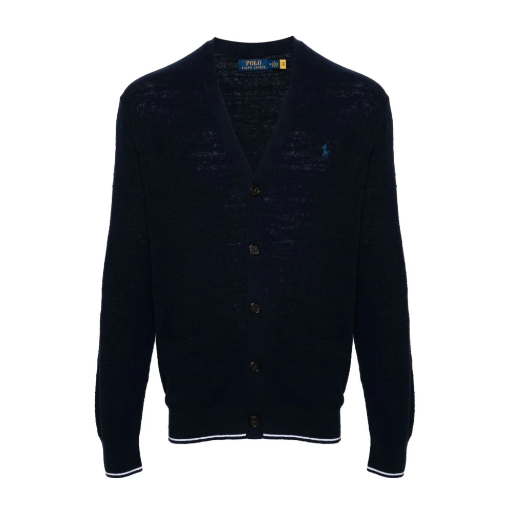 Polo Ralph Lauren Men's Blue Cardigans, L, Textured Cotton Linen V-Neck Cardigan