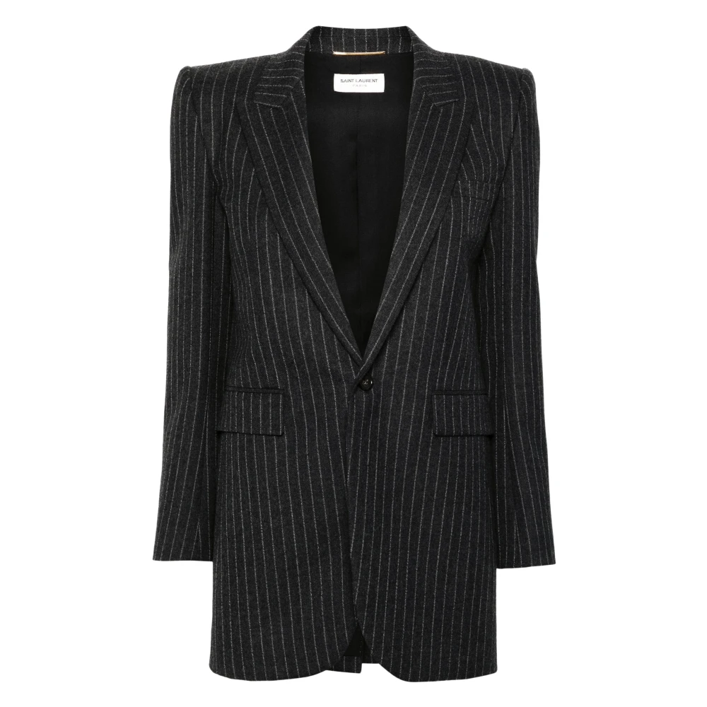 Saint Laurent Verticaal Gestreepte Wollen Blazer Gray Dames