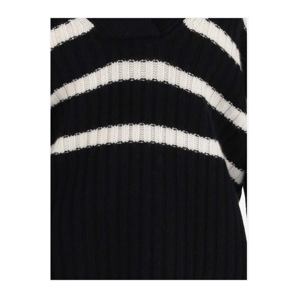 allude Gestreepte Wol-Kasjmier V-hals Trui Black Dames