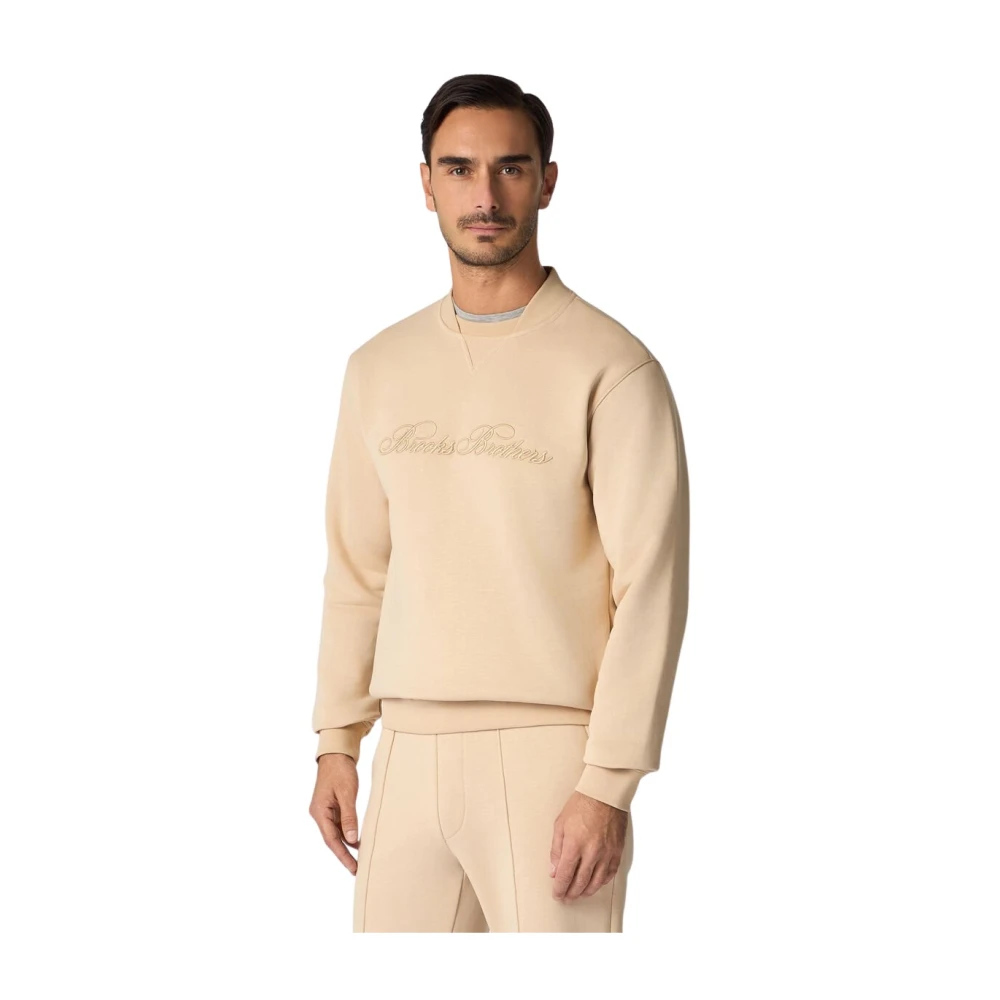 Brooks Brothers Men's Beige Sweatshirts, M, Cotton Crewneck Logo Jumper