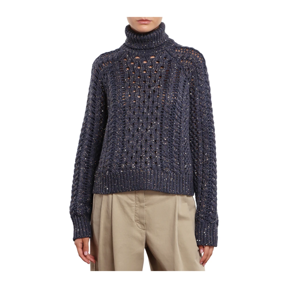 BRUNELLO CUCINELLI Paillet Turtleneck Sweater Blue Dames