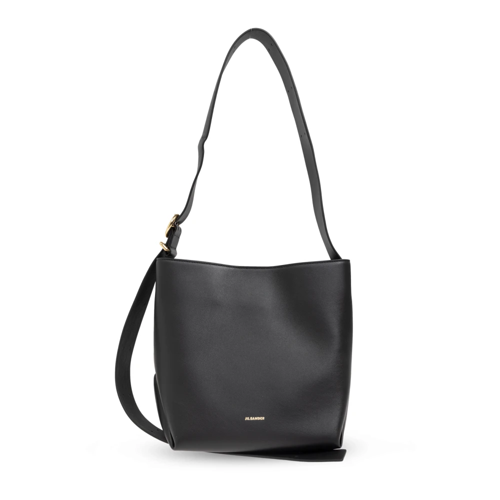 Jil Sander Leren Schoudertas met Gouden Logo Black Dames