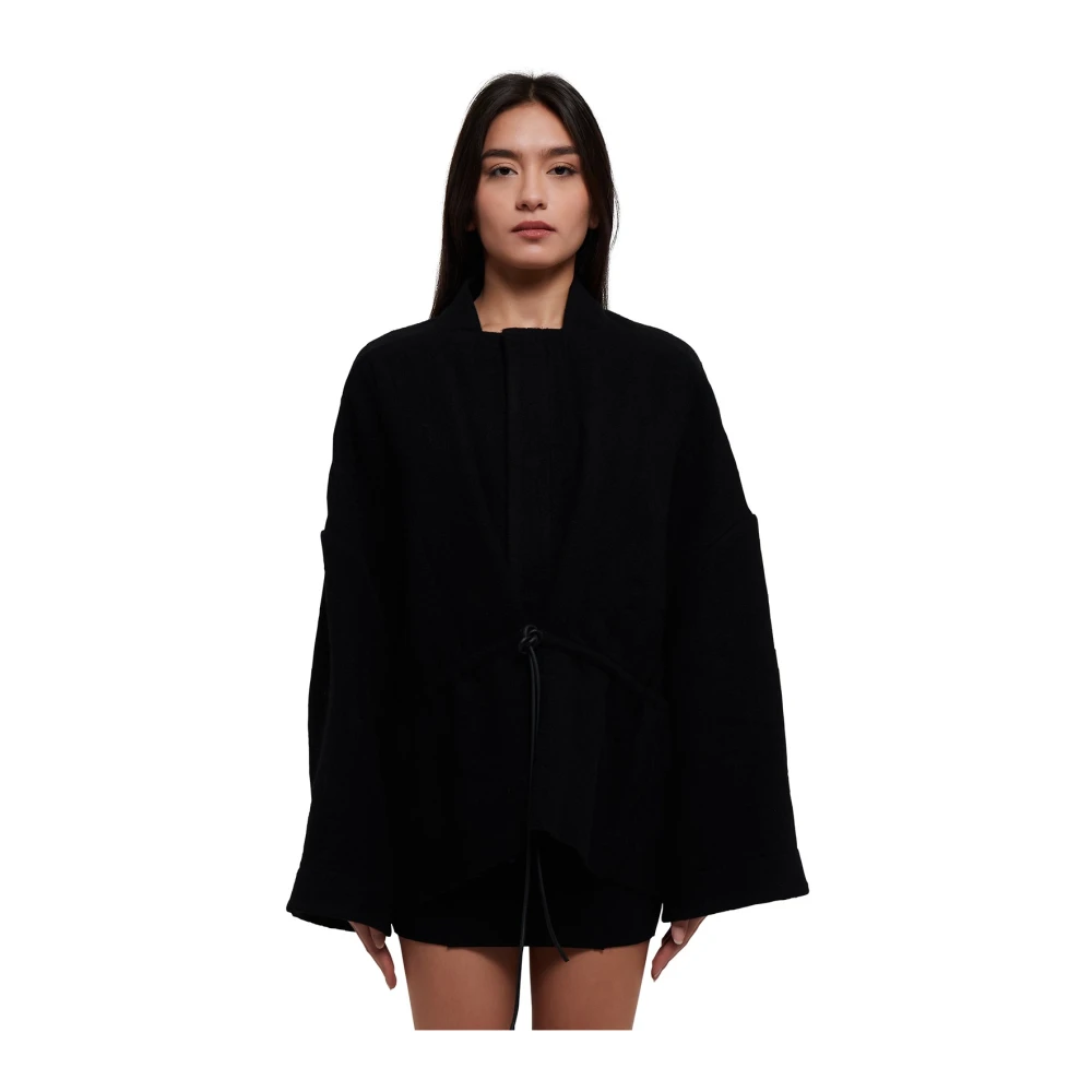 Rick Owens Zwarte Wollen Cape Jas met Riem en Drukknoopsluiting Black Dames