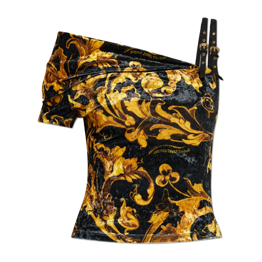 Versace Jeans Couture Women's Yellow Baroque Buckle Ribbed One-Shoulder Top
