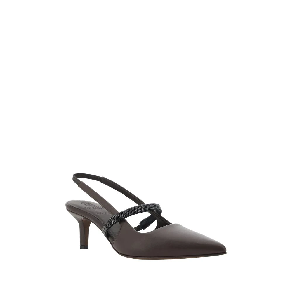 BRUNELLO CUCINELLI Elegante leren slingback pumps met juweelapplicatie Brown Dames