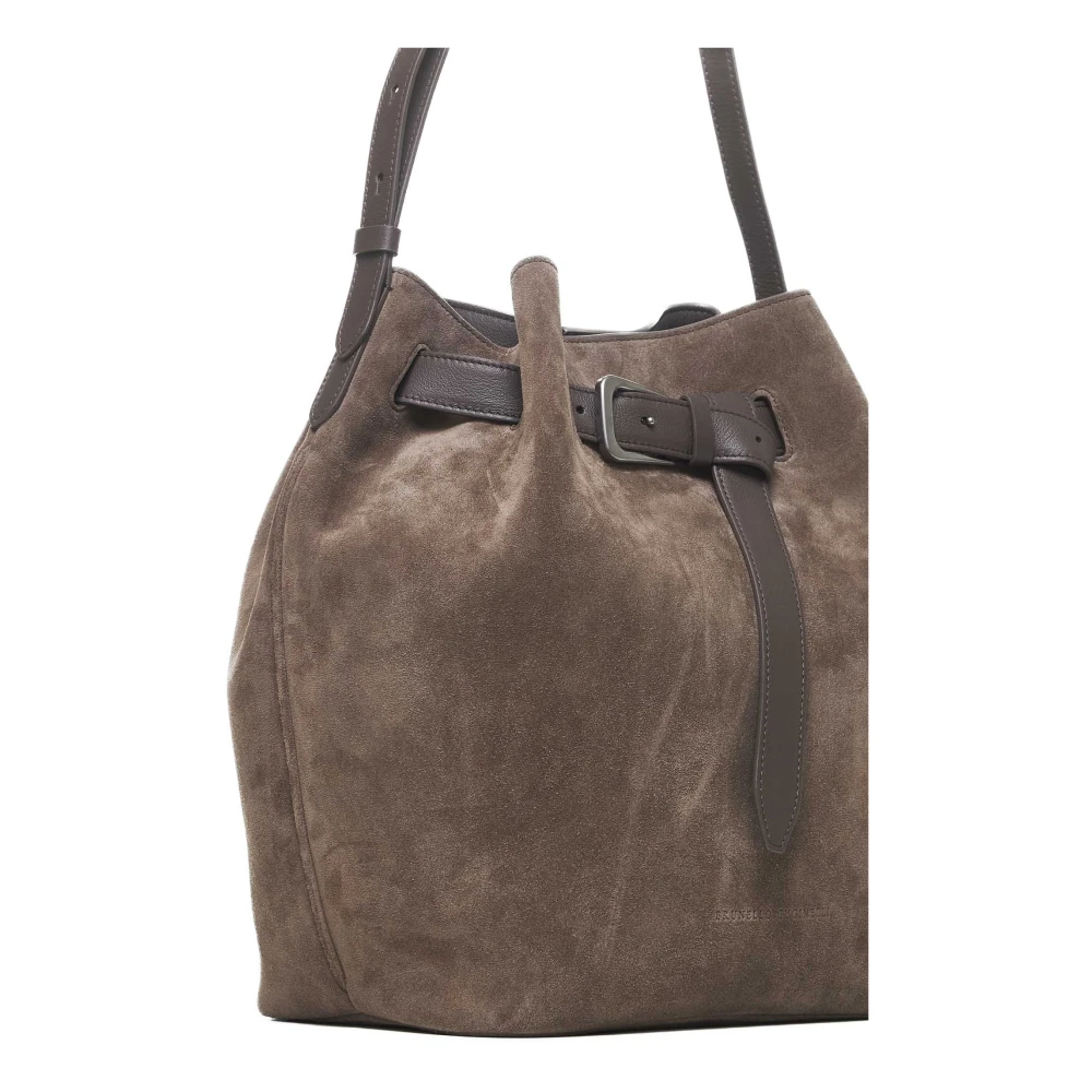 BRUNELLO CUCINELLI Bruin Suède Schoudertas met Verstelbare Band Brown Dames