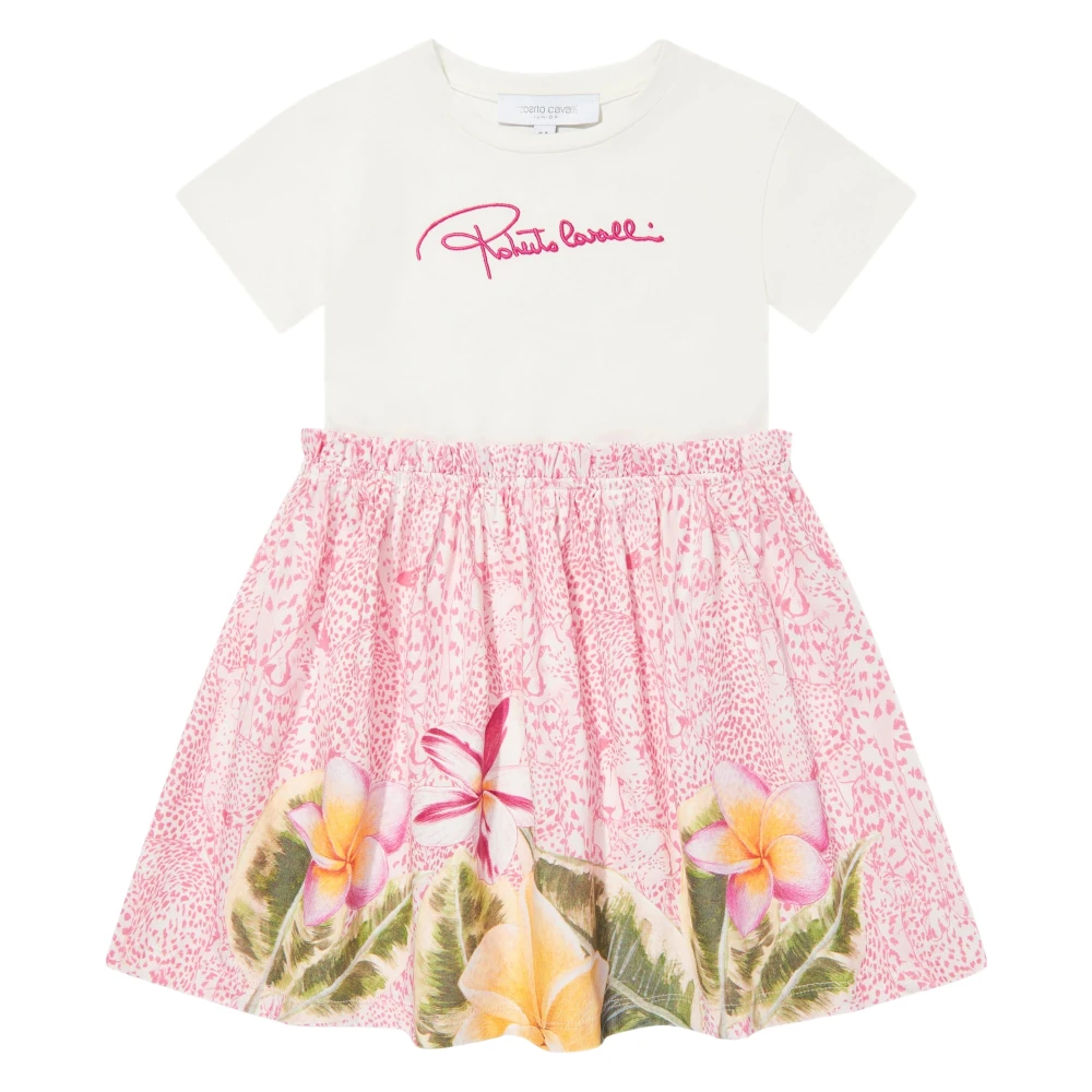 Roberto Cavalli Multicolor Dresses, Female, 14 Y, Pink Floral Logo Dress For Girls