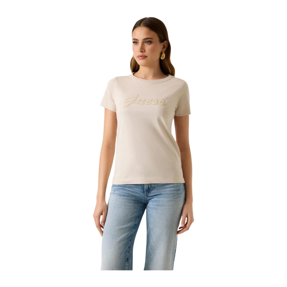Guess Women's Beige T-Shirts, M, Short Sleeve Round Neck Cotton T-Shirt