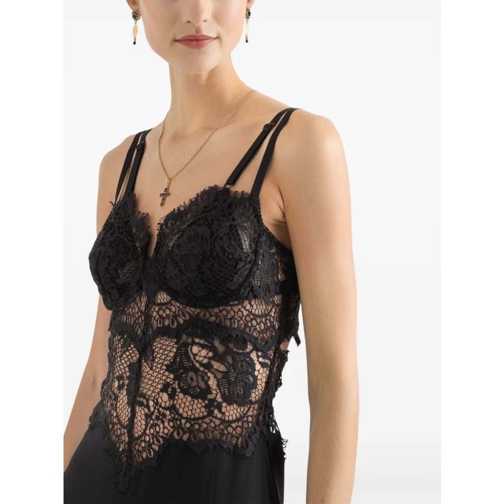 Dolce & Gabbana Zwarte Bloemenkant Sweetheart Jurk Black Dames