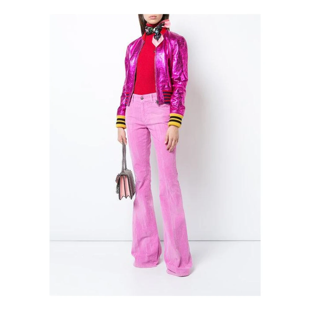 Gucci Metallic Leren Bomberjack met Gebreide Strepen Pink Dames