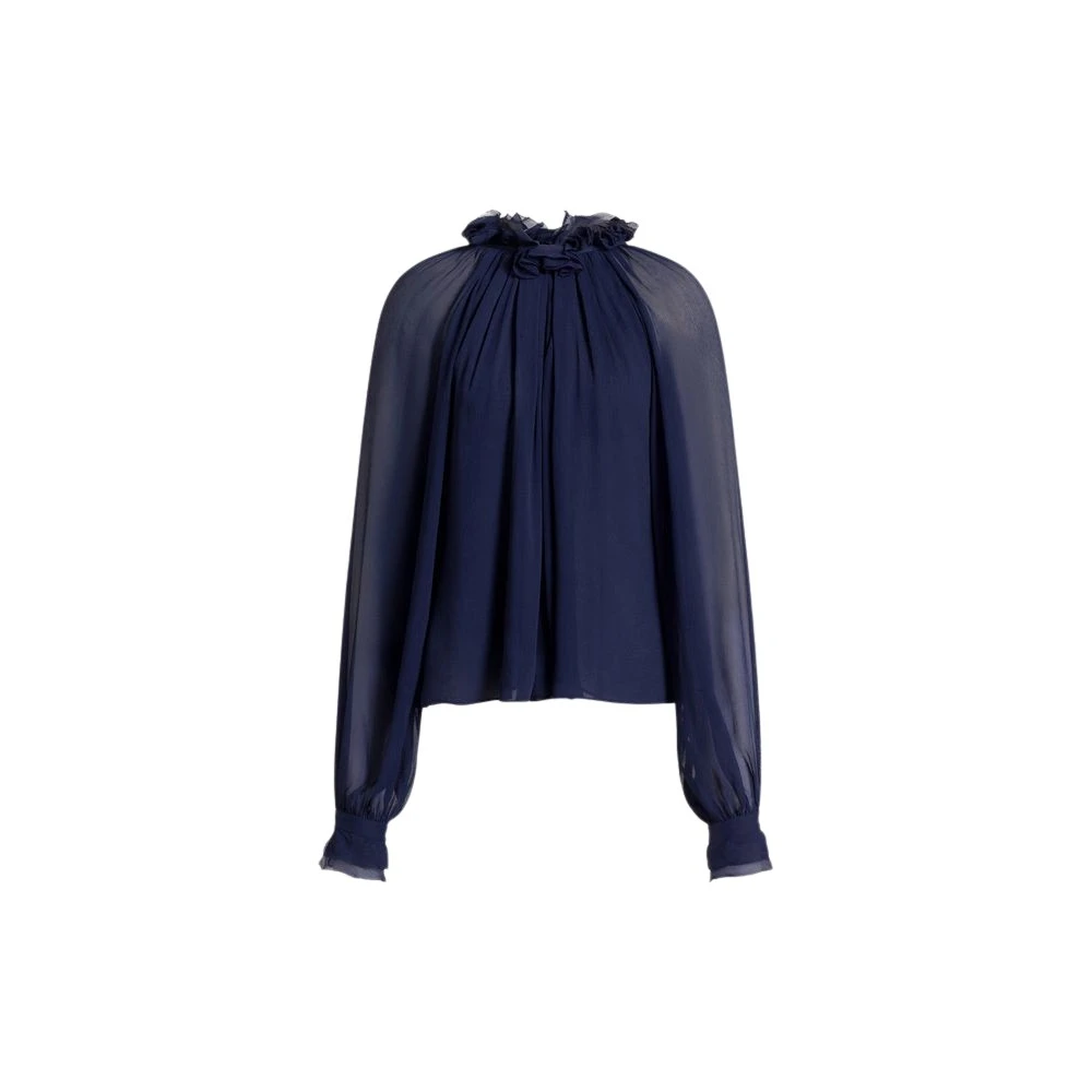 Alberta Ferretti Women's Blue Blouses, L, Silk Creponne Blouse With Ruffles