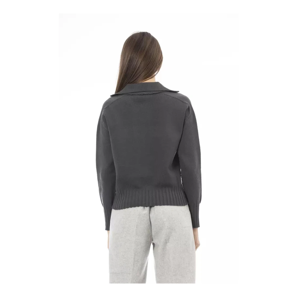 Alpha Studio Groene Wollen V-hals Trui met Voorzak Green Dames
